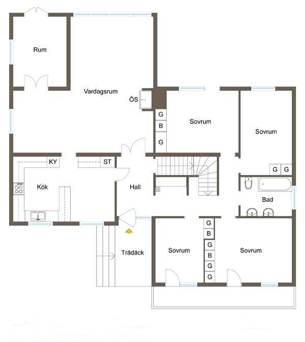 Plantegning av husets første etasje, viser rom som kjøkken, stue og soverom. En bærende vegg mellom kjøkken og stue planlegges fjernet.