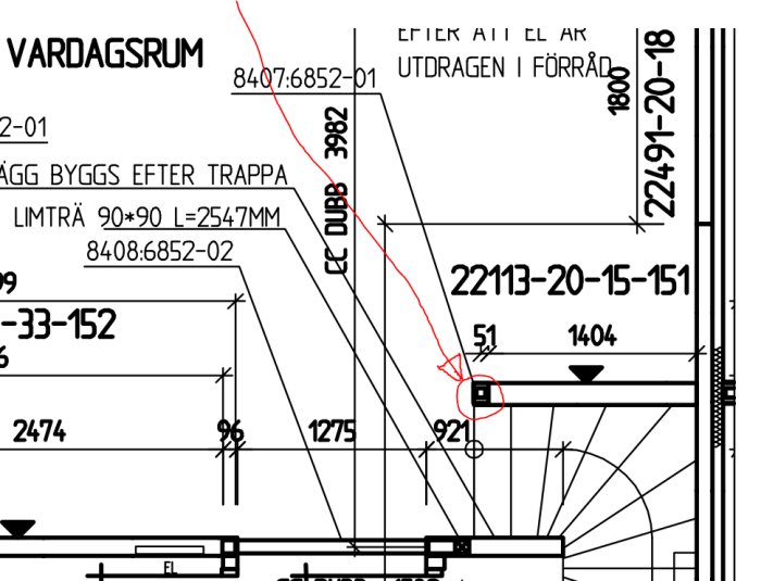 Blueprint showing a Vardagsrum with red circle highlighting a glulam beam area, indicating a construction detail for a renovation discussion.