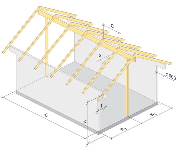 Diagram af et planlagt skur med mål 4,8x3 m, der viser tagkonstruktion med åse og en nockbalk. Målangivelser og vinkler er inkluderet.