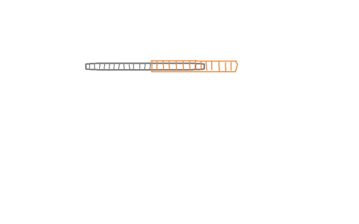 Grå og oransje illustrasjon av en pinnbolt med en forlengelseshylse som viser hvordan en eksisterende bolt kan forlenges ved hjelp av en hul bolt.