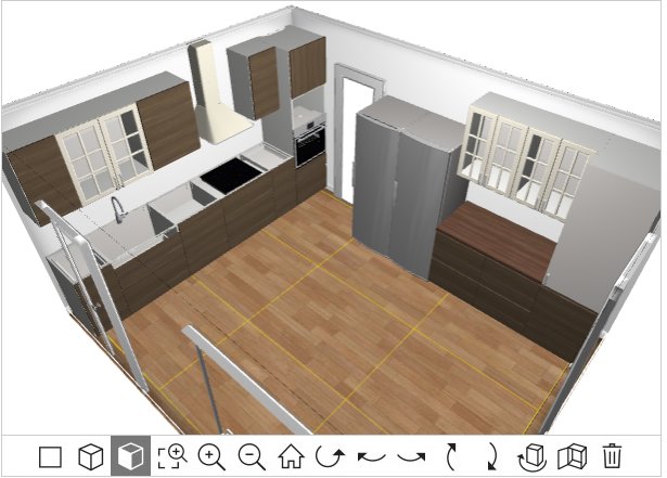 3D-modell av et kjøkken med oppvaskkum, induksjonstopp, ovn, grått kjøleskap, overskap og skuffer i tre. Beige gulv og grå vegger.