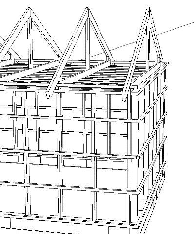 Line drawing of a garage frame with overlapping gable, showing trusses and wall studs, illustrating a construction proposal.