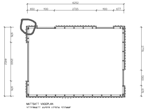 Top view of a structural drawing with overlapping walls marked, depicting dimensions and interlocking wall joints highlighted in a corner.