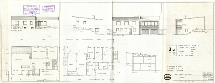 Arkitektritning av enplanshus med vardagsrum ovanpå garage, fasadvyer och planlösning.