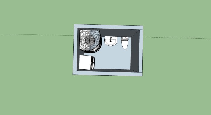 3D-skiss av ett litet tvättstuga-layout med tvättmaskin, torktumlare och handfat.