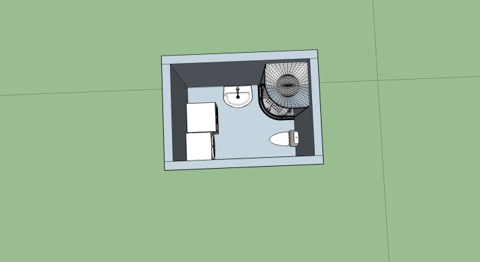 3D-skiss av planlösning för tvättstuga med tvättmaskin, torktumlare, bänkskiva och överskåp.