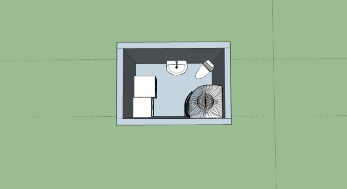 3D layout av ett litet tvättrum med tvättmaskin, torktumlare och handfat på övre sidan, samt ingång på nedre långsida.