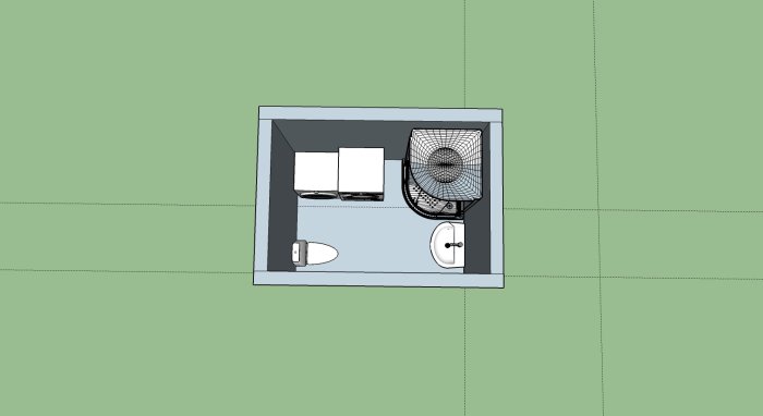 Layout för tvättstuga med tvättmaskin, torktumlare, tvättho och ovanskåp på bänkskiva, avlopp till höger.