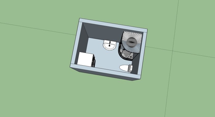 3D-skiss av ett litet badrum med handfat, toalett och fläkt.