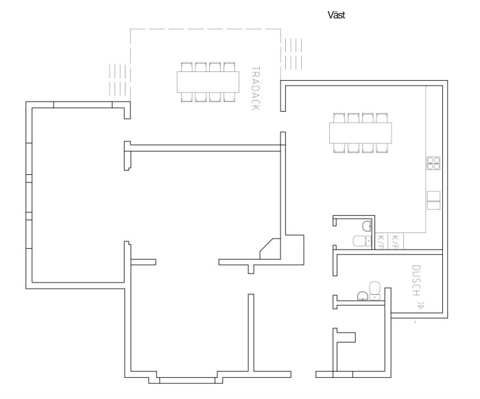 Ritning av husets planlösning med kök, sovrum och vardagsrum markerade, skiss för renovering.