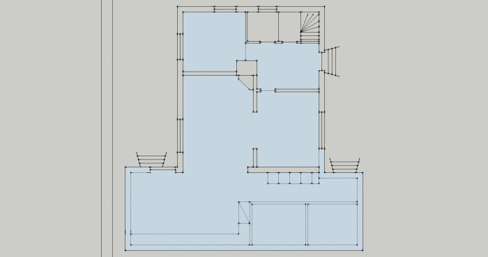 Digital översiktsritning av en planlösning för ett enplanshus med markerade rum och trappor, avsett för renovering.