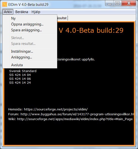 Skärmdump av ElDim 4.29 program med öppna menyer visande alternativ som Ny, Öppna anläggning, Avsluta.
