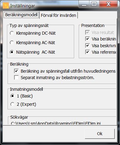 Skärmdump av programmet ElDim 4.29 med öppet inställningsfönster och olika beräkningsalternativ.