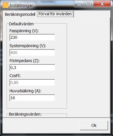 Skärmdump av programmet ElDim 4.29 som visar en inställningsdialog med fält för spännings- och strömvärden.