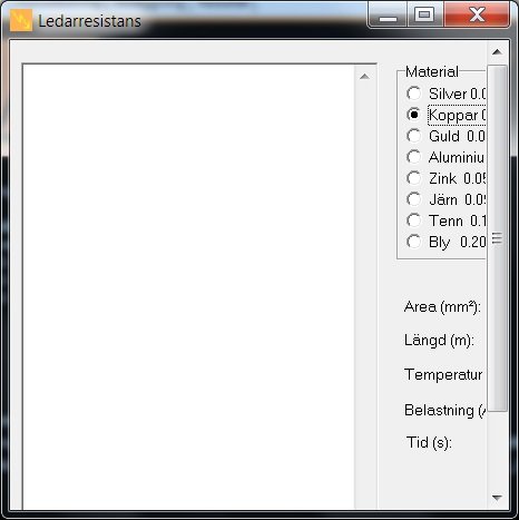 Skärmdump av programmet ElDim 4.29 med öppen meny för inställning av material och resistansvärden.