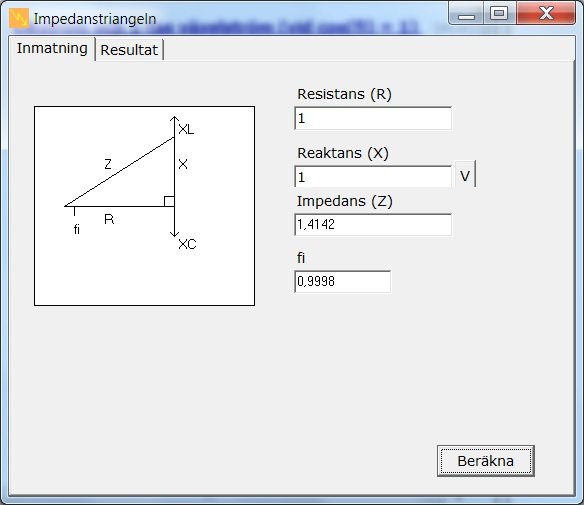 Impedanstriangeln i programmet ElDim 4.29 med fält för resistans, reaktans och impendans samt beräkna-knapp.