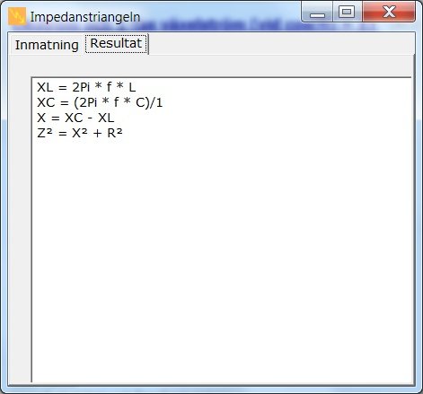 Skärmdump av programmet ElDim 4.29 som visar fliken 'Impedanstriangeln' med ekvationer för elektrisk impedans.