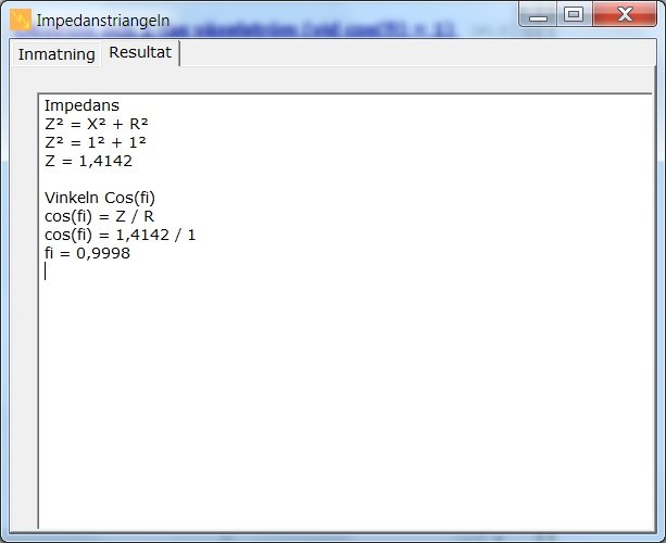 Skärmdump av ElDim 4.29 med öppen flik 'Impedanstriangeln' visande formler och beräkningar.