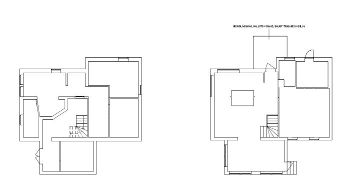 Typritning av ett hus med två våningsplans layout och texten "GRUNDLÄGGNING HALLUTBYGNAD, ENLIGT TIDIGARE BYGGLOV".