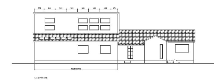 Arkitektonisk ritning som visar fasad mot norr för en planerad bostadsbyggnad.