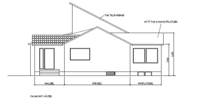 Arkitektritning av en husfasad mot väst med nya tillbyggnader och existerande planlösning.