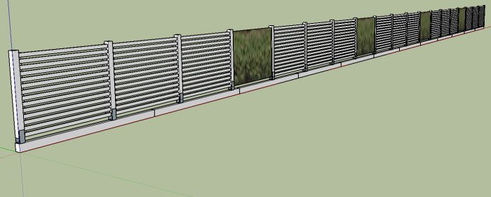 3D-modell av ett långt horisontellt staket med jämna mellanrum och vertikala stolpar.