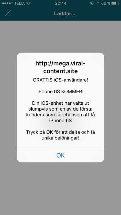 Skärmdump av en popup-annons som utlovar en gratis iPhone 6S som en belöning för iOS-användare.