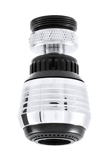 Rörligt munstycke till kran, visar svart och genomskinlig design med metalliska detaljer.