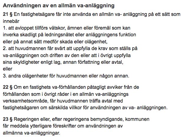 Bild av textutdrag ur Lag om allmänna vattentjänster, inklusive paragrafer 21 och 23 som diskuterar användningsregler för allmänna VA-anläggningar.