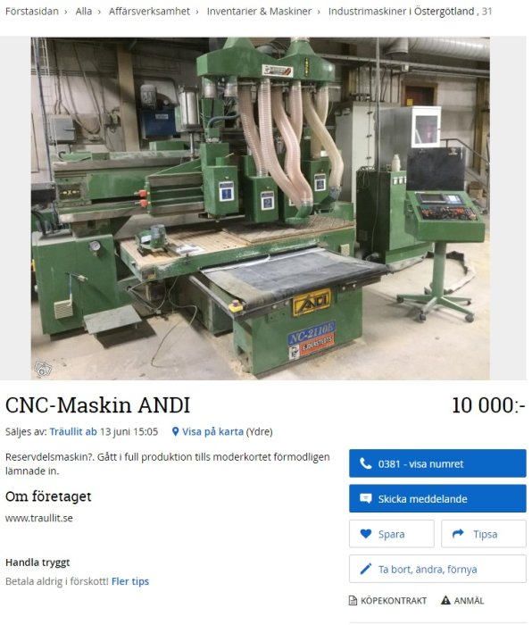 Begagnad CNC-maskin ANDI i industriell miljö med etikettpris 10 000 SEK.