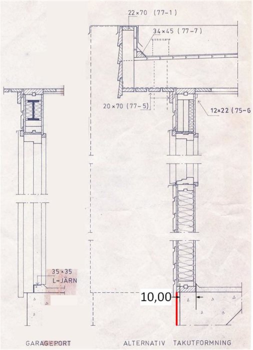 Arkitektonisk ritning som visar sektioner av en garagekonstruktion med dimensioner och material.