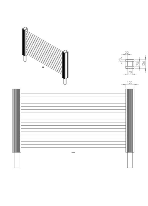 Ritning av en trästaketkonstruktion med måttangivelser, visar stolpar och horisontella ribbor i två perspektiv.