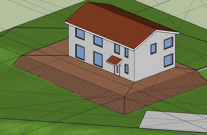 3D-modell av en vit husfasad med tänkt träterrass runtom, i planeringsskedet.