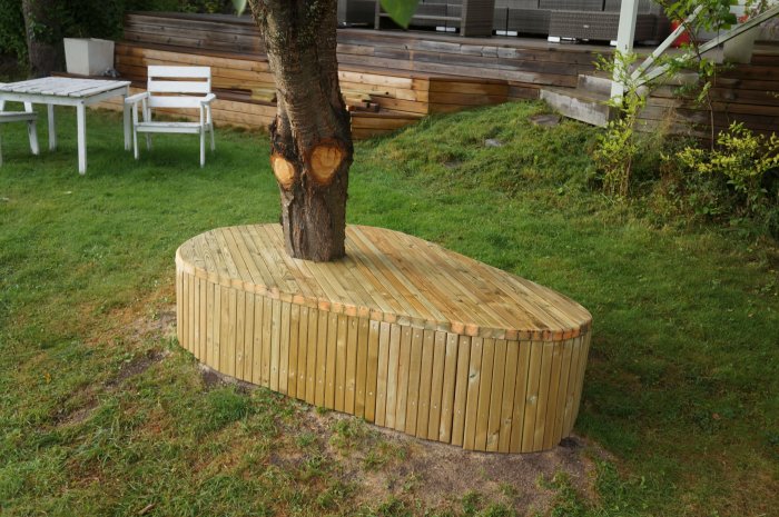 Halvrund trädäck bänk byggd runt en trädstam med diagonalt placerade plank och stående ribbor runtom.