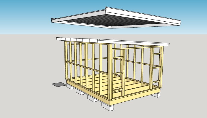 3D-renderad bild av en trästomme till ett byggnadsprojekt med taket avbildat separat överst.