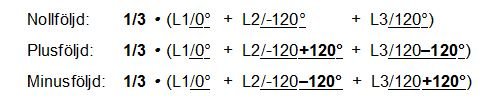 Formler i polär form som visar nollföljd, plusföljd och minusföljd med fasvinklar för L1, L2 och L3.
