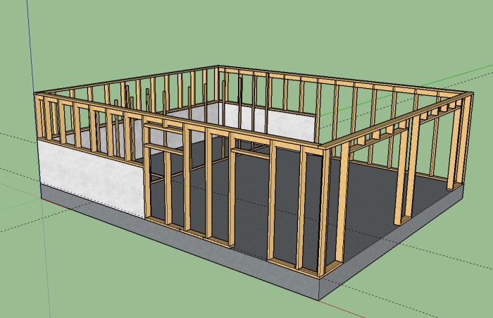 3D-modell av stommen till ett hus med träreglar och betongfundament.