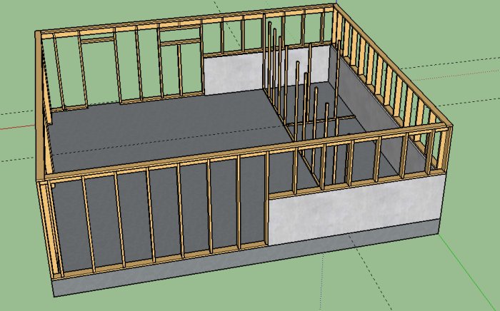 3D-modell av husgrund med betongplatta, armering och trästomme under konstruktion.