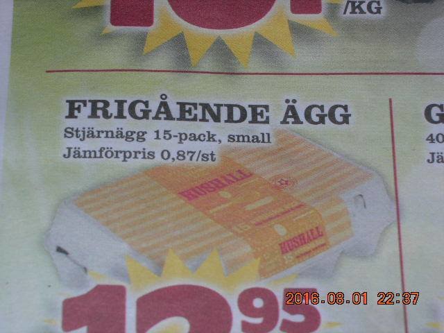 Reklam i tidning för "Frigående ägg", 15-pack, med prisinformation och datumstämpel.