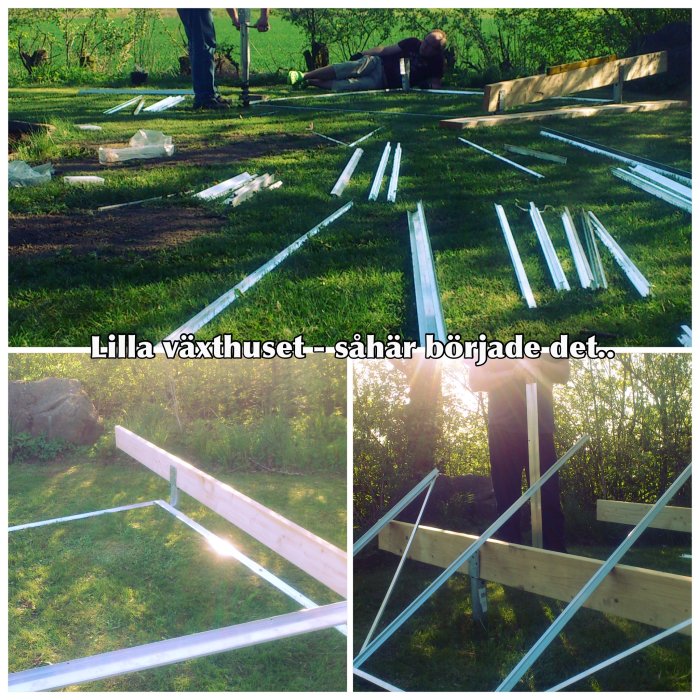 Delar av ett växthus i aluminium och trä spridda på en gräsmatta under montering, med texten "Lilla växthuset – såhär började det".