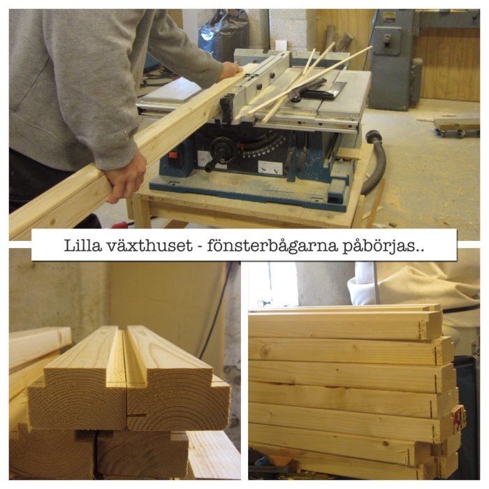 Arbetsprocess i snickarbonde med sågning av träreglar, staplad trävirke förberedd för växthusfönsterbågar.