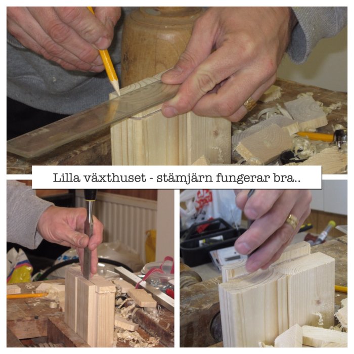 Snickeriarbete för växthusbygge med märkning och urholkning av träreglar med stämjärn och hammare.