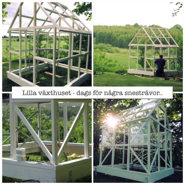 Konstruktion av ett växthus i trä, stomme syns utan glas med snesträvor som installation.