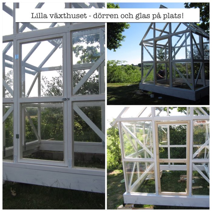 Kollage av tre bilder på ett växthus under konstruktion med träramar och nysatta glasrutor.