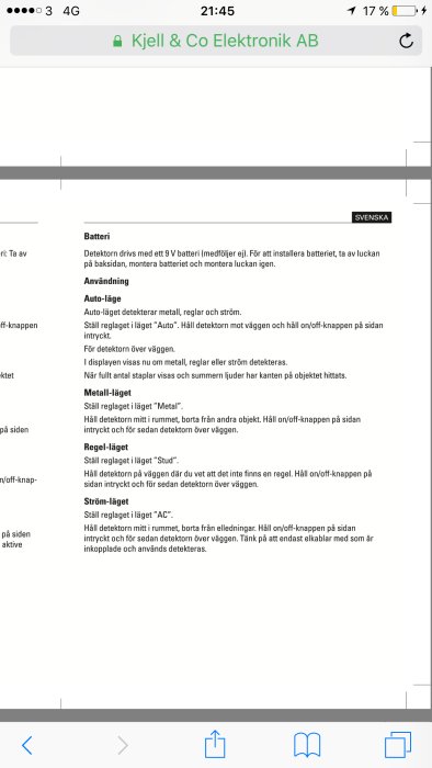 Skärmdump av en mobiltelefons webbläsare som visar en bruksanvisning för en detektor från Kjell & Co Elektronik AB.