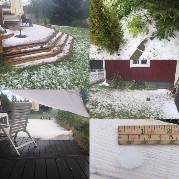 Hageldrabbad trädgård med hagel på altan, skadade växter, fulla stuprör och stor hagelsten bredvid linjal som mått.