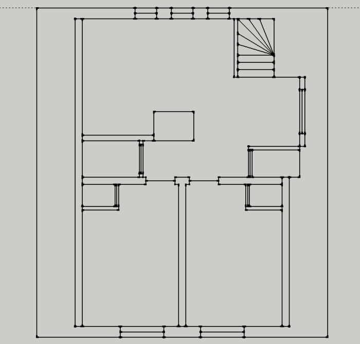 Ritning av ovanvåningen i ett hus med markerade rum och trappa, som visar planlösningen.