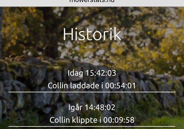 Skärmdump av en historiklog på en webbsida som visar tider för laddning och klippning med en gräsklippare.