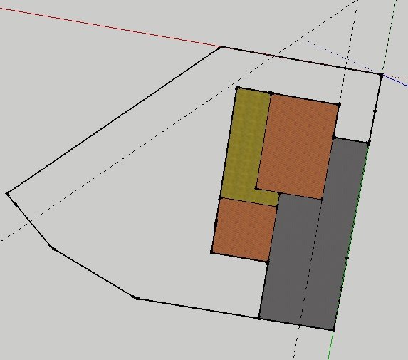 Förslag på husplanering med entré och garage markerat i en 3D-modell.