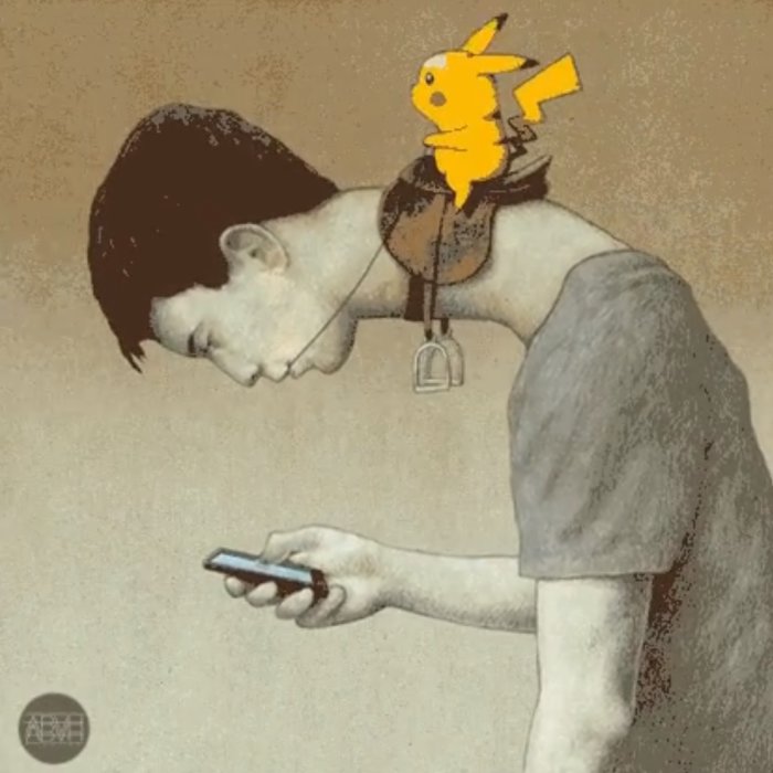 Illustration av en person som ser ned på en smartphone med en figur av Pikachu på axeln.